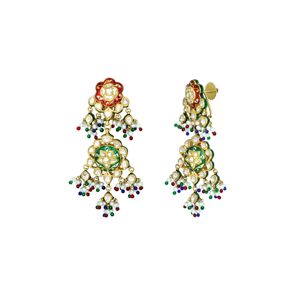 Floral Earrings with Polki, Red-Green Enamel, Pearls, and Beads
